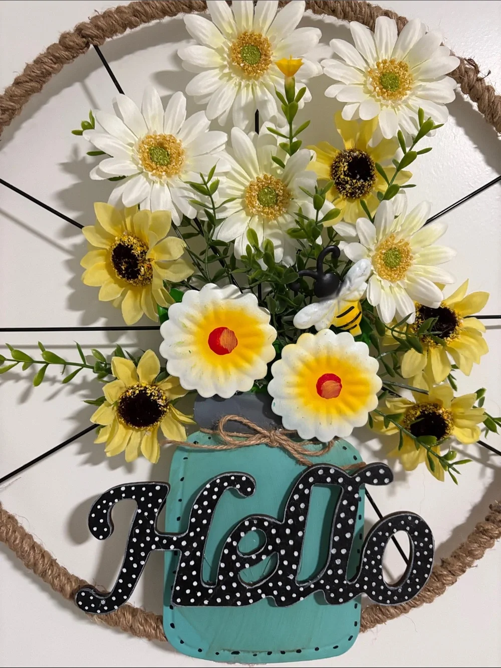 Hand Crafted Yellow & White Floral Mason Jar Wreath